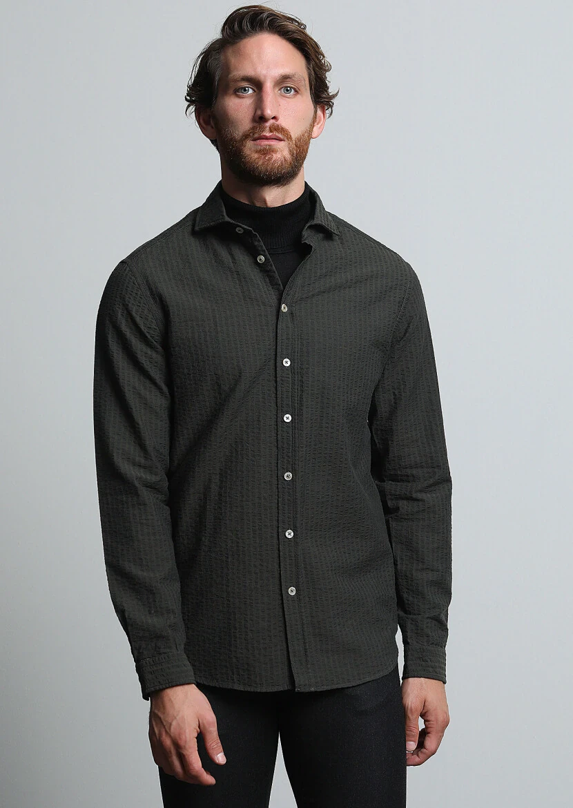 Haki Çizgili Regular Fit Dokuma Casual %100 Pamuk Gömlek - 1