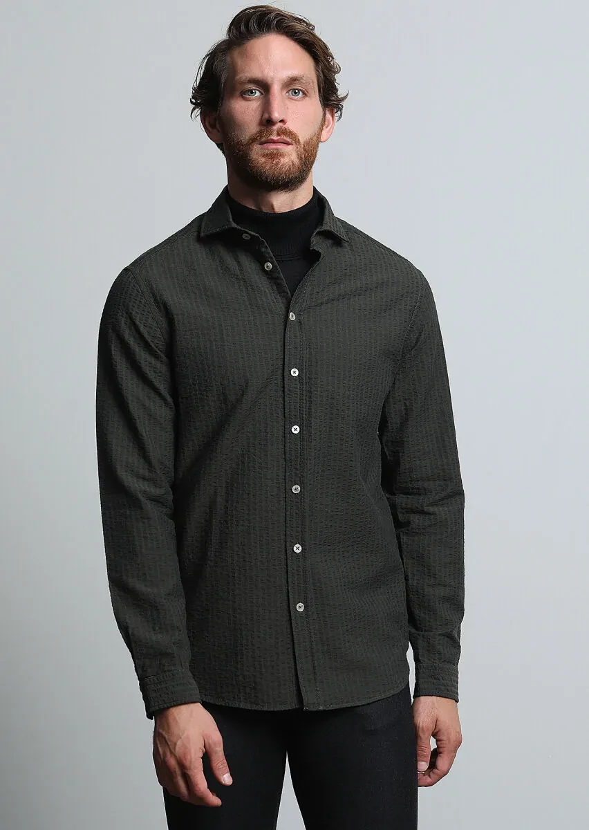 Haki Çizgili Regular Fit Dokuma Casual %100 Pamuk Gömlek - 1