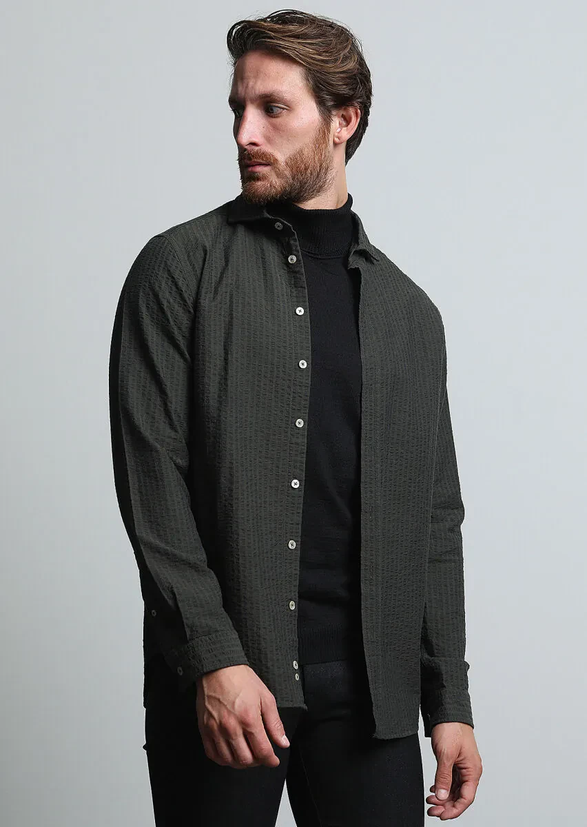 Haki Çizgili Regular Fit Dokuma Casual %100 Pamuk Gömlek - 2