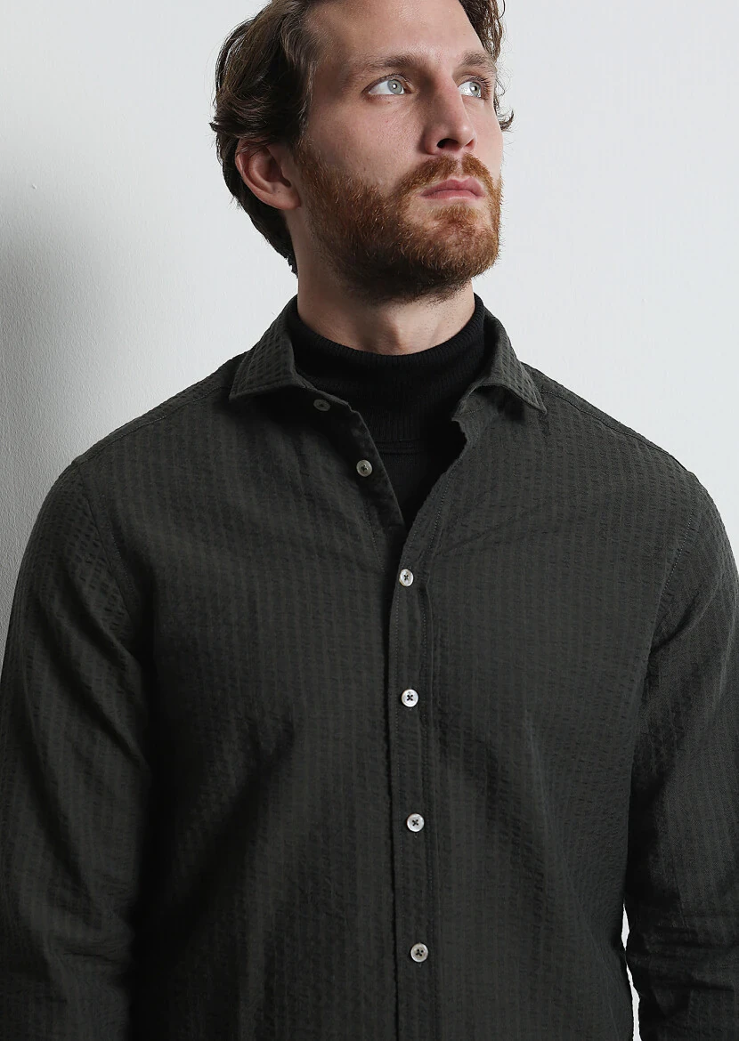 Haki Çizgili Regular Fit Dokuma Casual %100 Pamuk Gömlek - 4