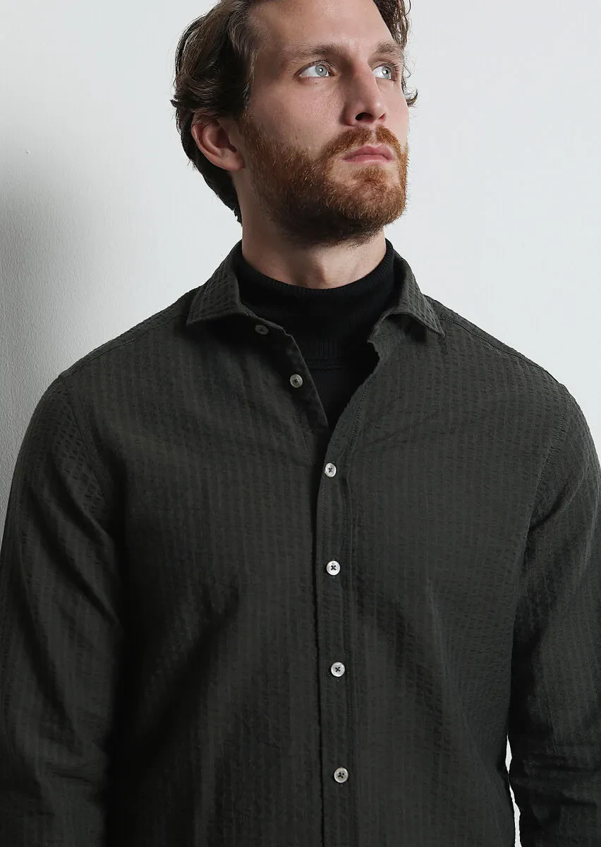 Haki Çizgili Regular Fit Dokuma Casual %100 Pamuk Gömlek - 4