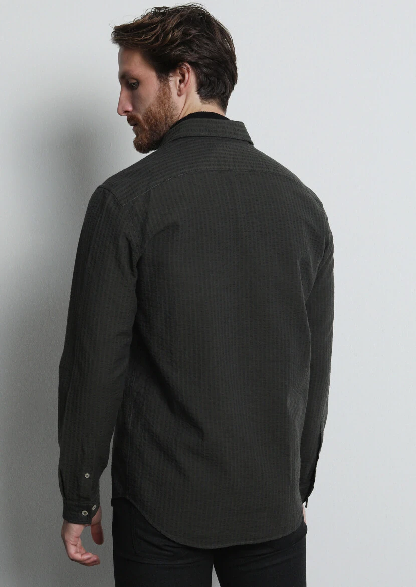 Haki Çizgili Regular Fit Dokuma Casual %100 Pamuk Gömlek - 5