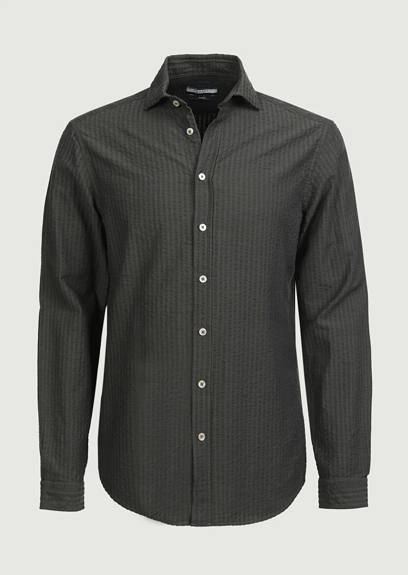 Haki Çizgili Regular Fit Dokuma Casual %100 Pamuk Gömlek - 6