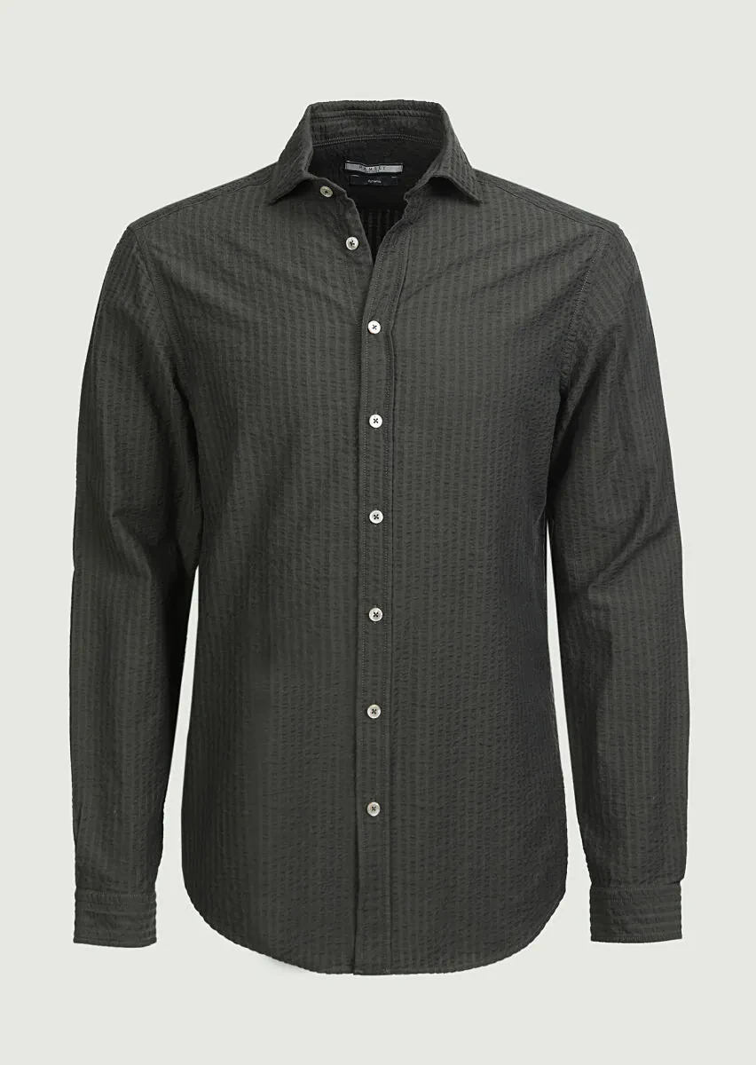 Haki Çizgili Regular Fit Dokuma Casual %100 Pamuk Gömlek - 6