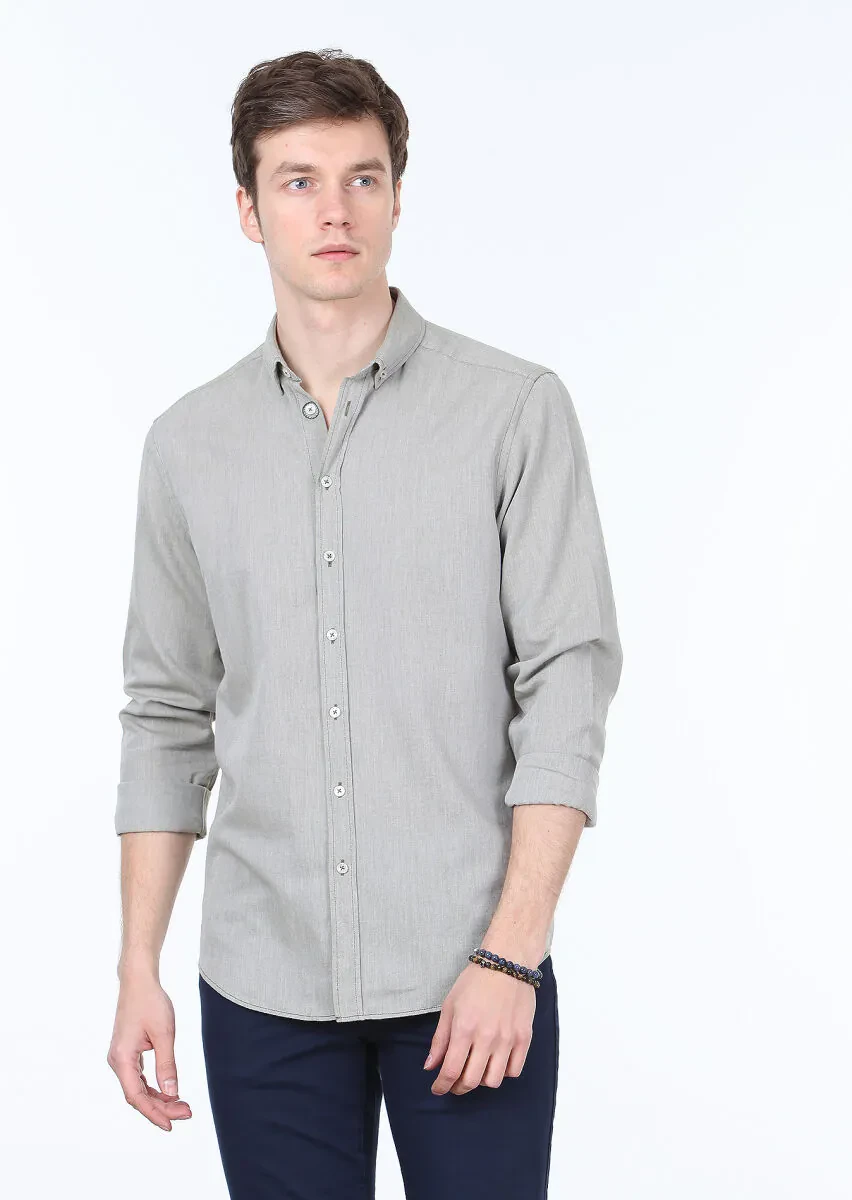 Haki Çizgili Regular Fit Dokuma Casual Pamuk Karışımlı Gömlek - 1