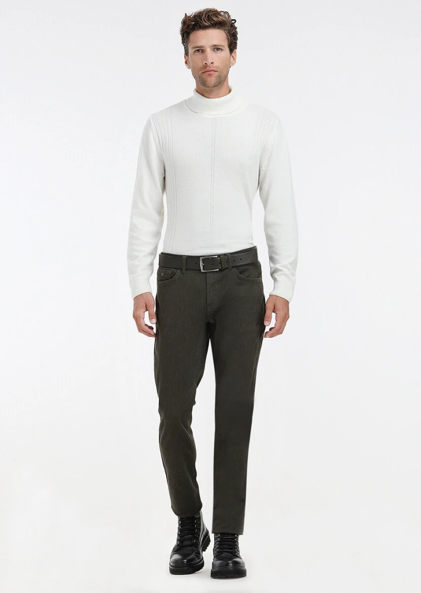 Haki Desenli Dokuma Slim Fit Casual Pamuk Karışımlı Pantolon - 1