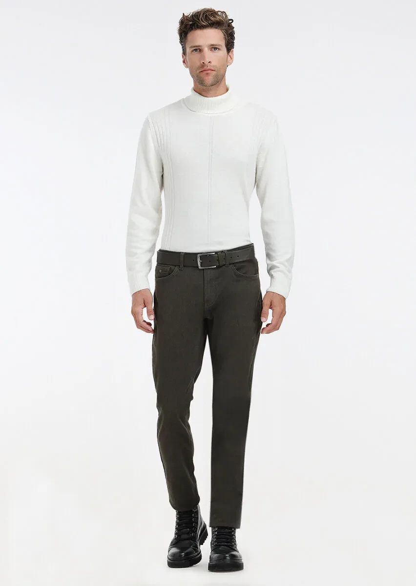 Haki Desenli Dokuma Slim Fit Casual Pamuk Karışımlı Pantolon - 1