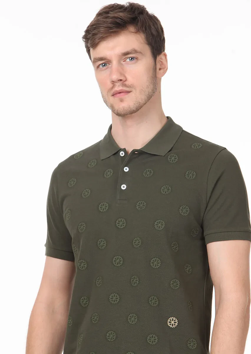 Haki Desenli Polo Yaka %100 Pamuk T-Shirt - 2