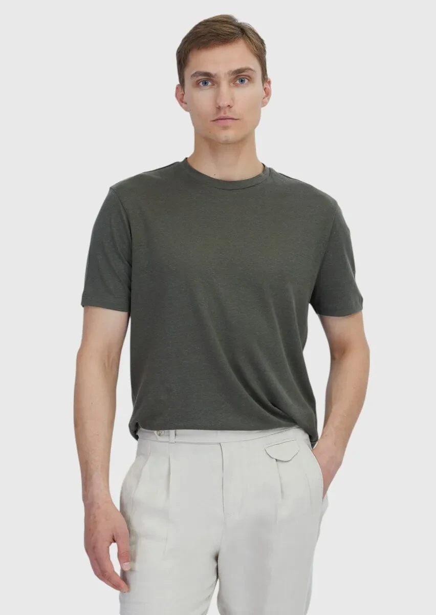 Haki Düz Bisiklet Yaka %100 Keten T-Shirt - 1