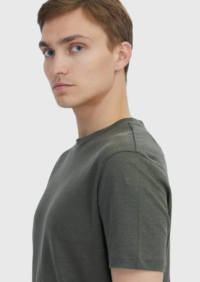 Haki Düz Bisiklet Yaka %100 Keten T-Shirt - 4