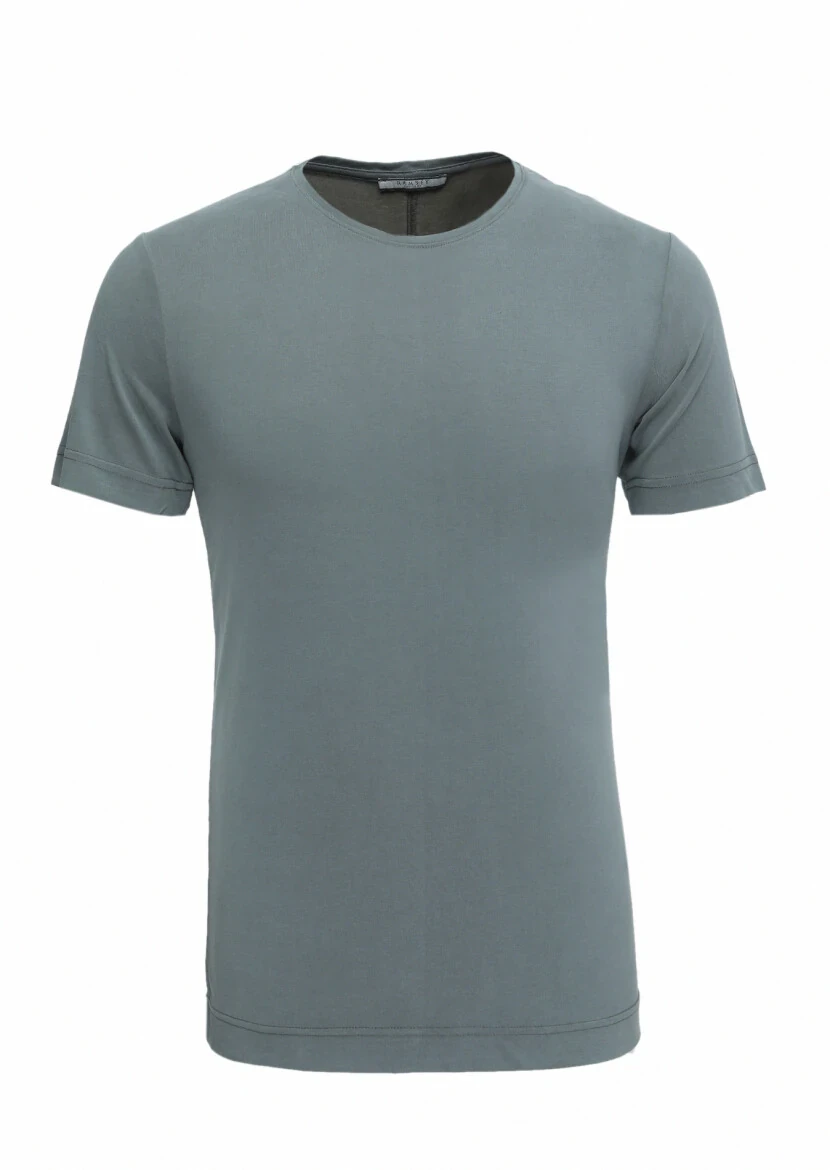 Haki Düz Bisiklet Yaka %100 Pamuk T-Shirt - 1