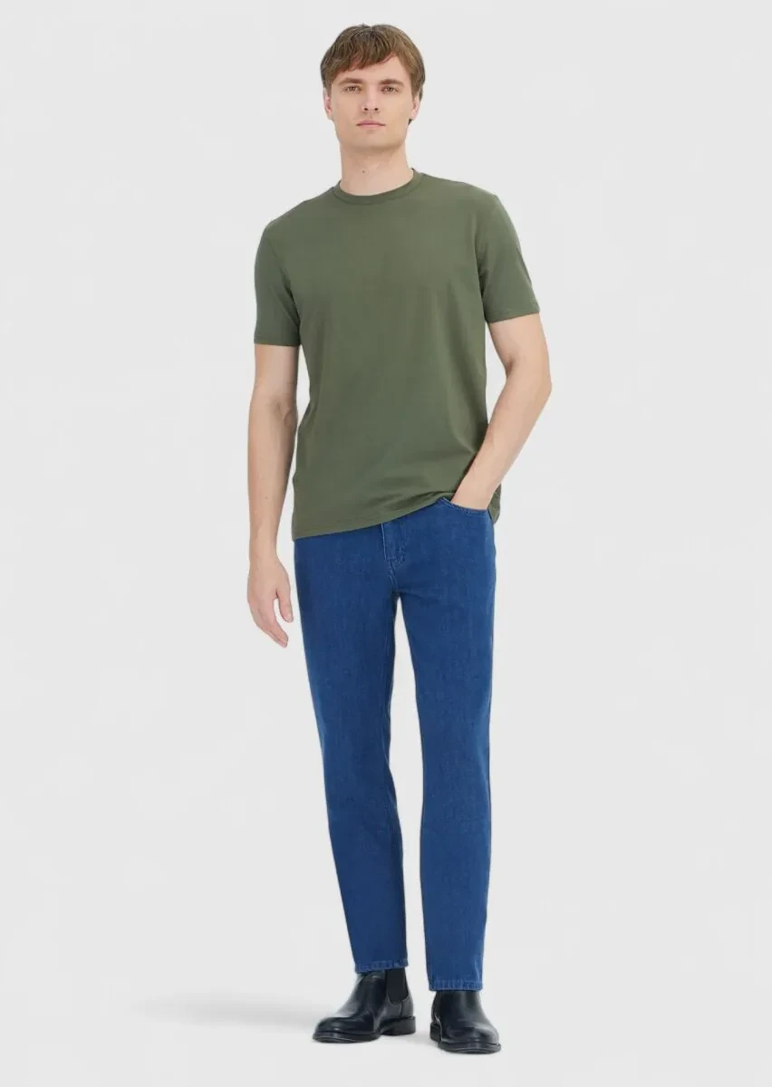 Haki Düz Bisiklet Yaka Pamuk Karışımlı T-Shirt - 2