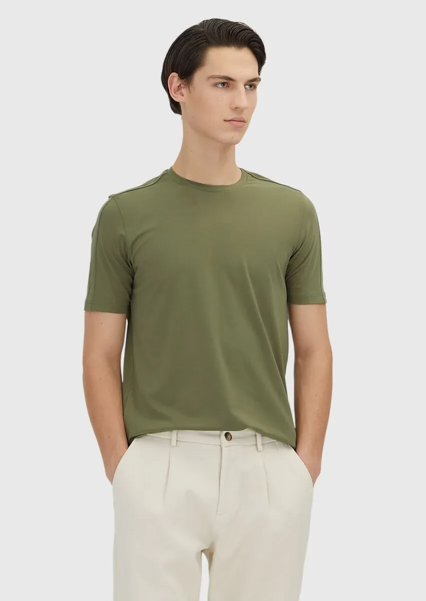 Haki Düz Bisiklet Yaka T-Shirt - 2