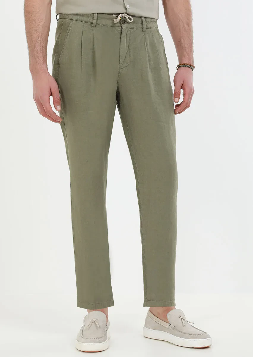 Haki Düz Dokuma Jogging Fit Casual %100 Keten Pantolon - 1