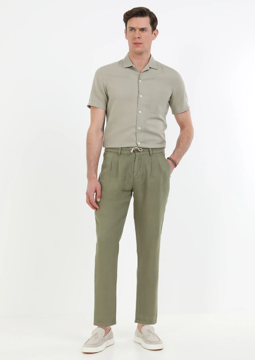 Haki Düz Dokuma Jogging Fit Casual %100 Keten Pantolon - 2