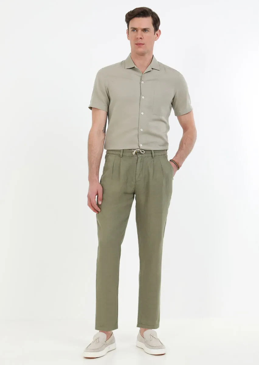 Haki Düz Dokuma Jogging Fit Casual %100 Keten Pantolon - 2