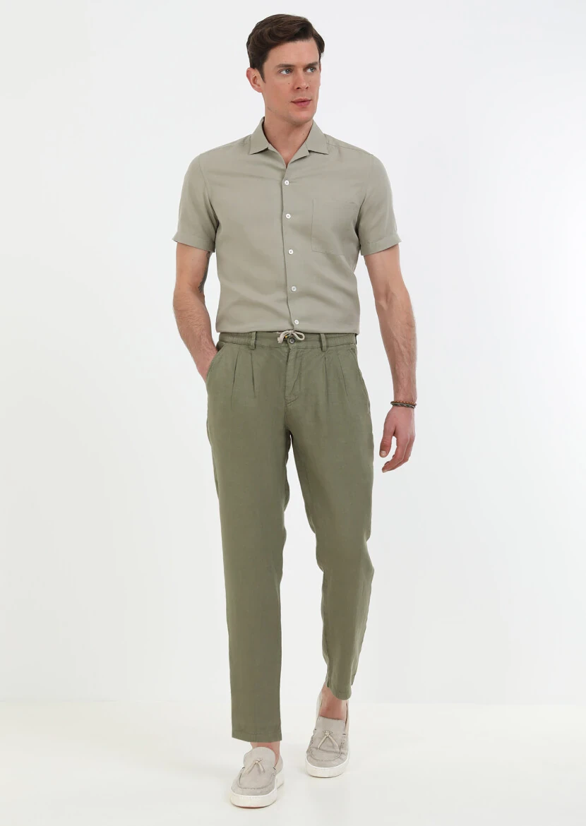 Haki Düz Dokuma Jogging Fit Casual %100 Keten Pantolon - 3