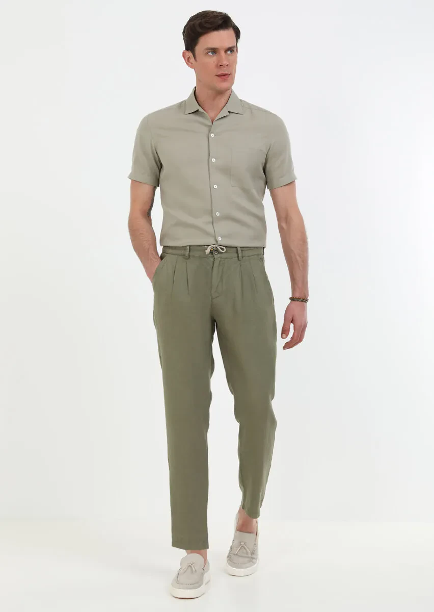 Haki Düz Dokuma Jogging Fit Casual %100 Keten Pantolon - 3