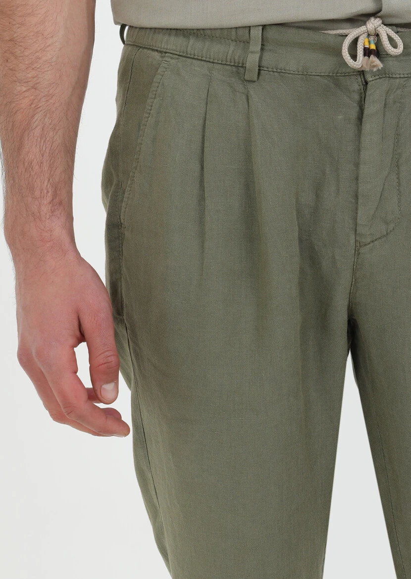 Haki Düz Dokuma Jogging Fit Casual %100 Keten Pantolon - 4