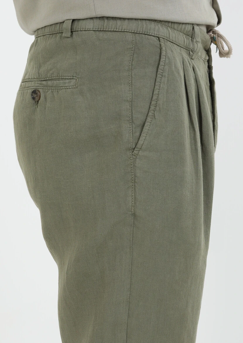 Haki Düz Dokuma Jogging Fit Casual %100 Keten Pantolon - 5