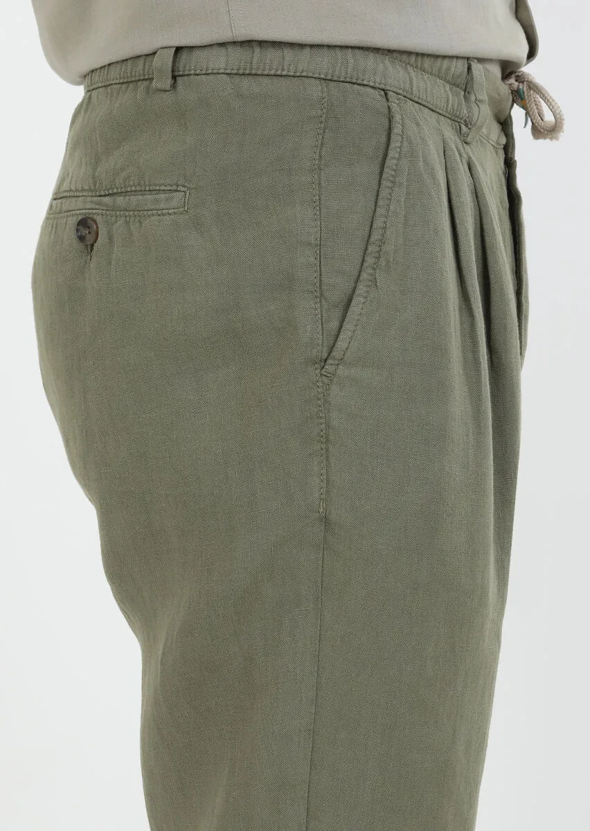 Haki Düz Dokuma Jogging Fit Casual %100 Keten Pantolon - 5