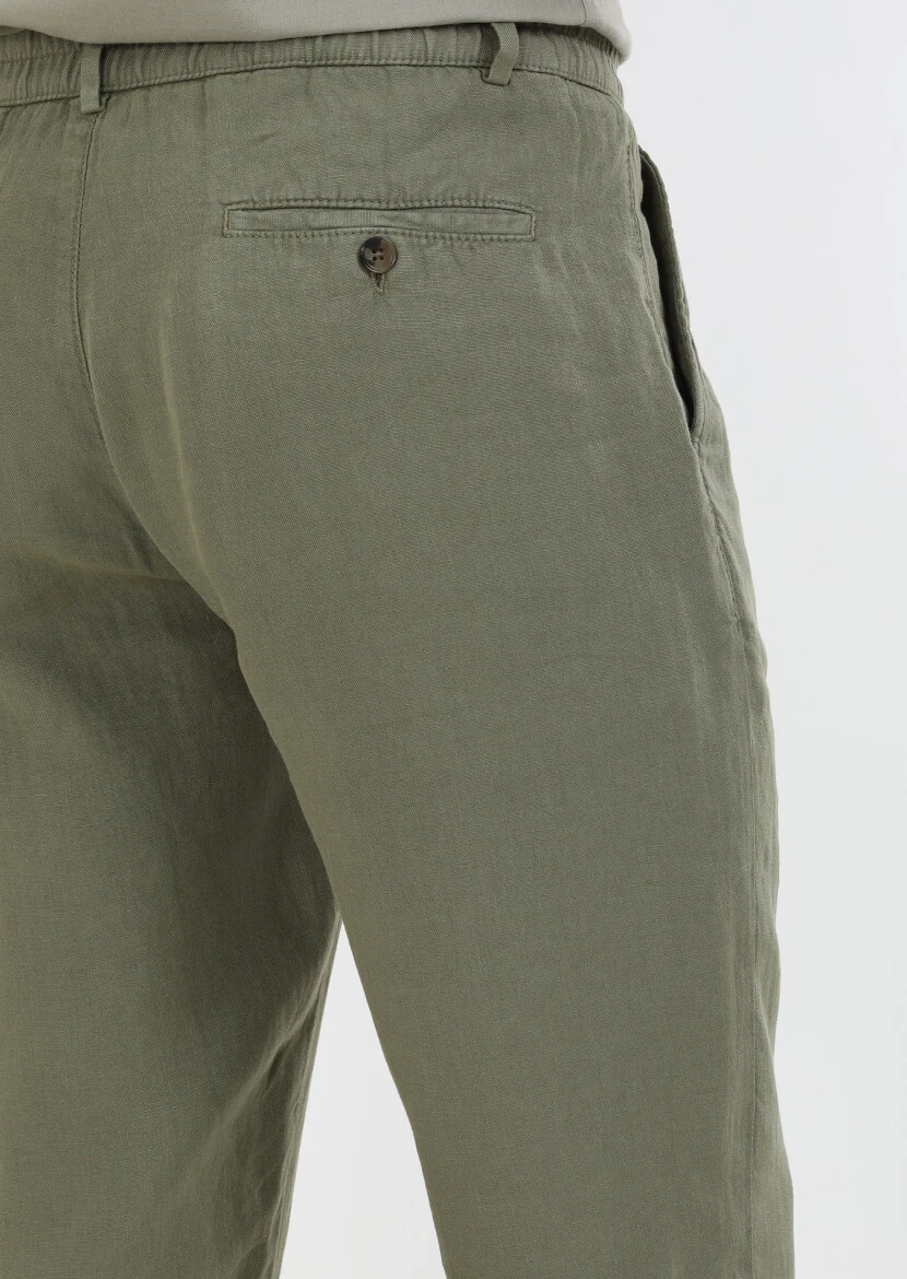 Haki Düz Dokuma Jogging Fit Casual %100 Keten Pantolon - 6