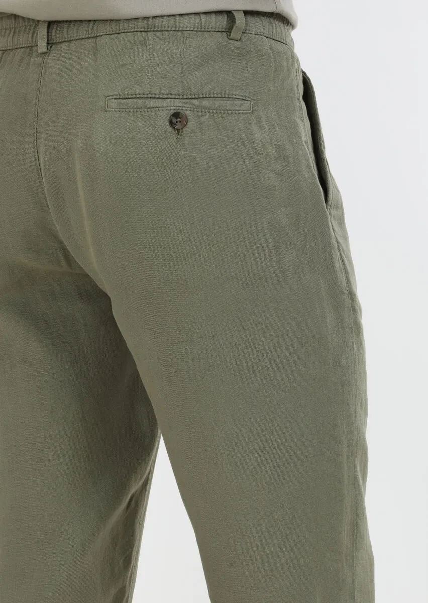 Haki Düz Dokuma Jogging Fit Casual %100 Keten Pantolon - 6