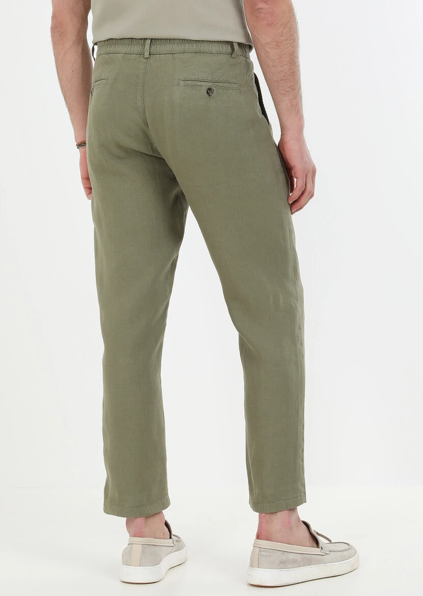 Haki Düz Dokuma Jogging Fit Casual %100 Keten Pantolon - 7