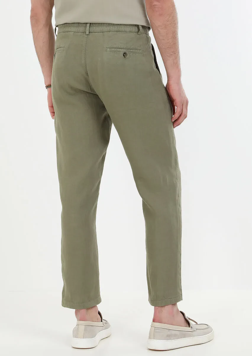 Haki Düz Dokuma Jogging Fit Casual %100 Keten Pantolon - 7