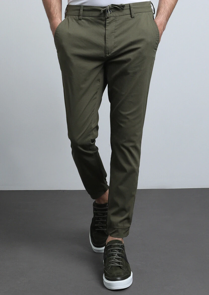 Haki Düz Dokuma Jogging Fit Casual Pamuk Karışımlı Pantolon 