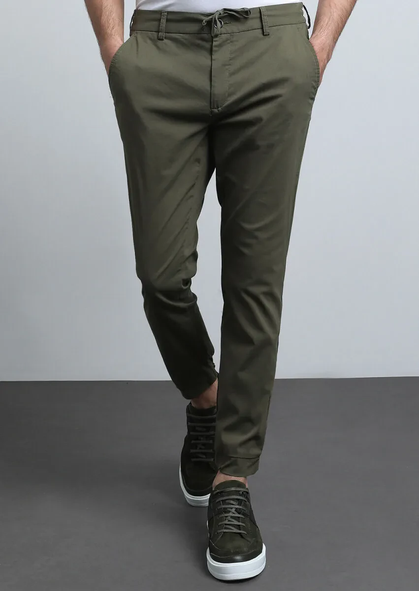 Haki Düz Dokuma Jogging Fit Casual Pamuk Karışımlı Pantolon - 2