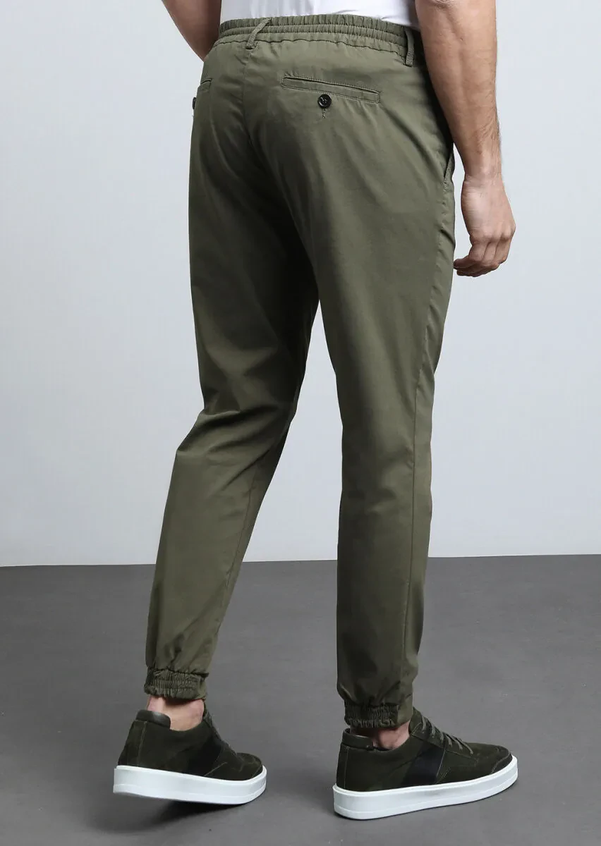 Haki Düz Dokuma Jogging Fit Casual Pamuk Karışımlı Pantolon - 5