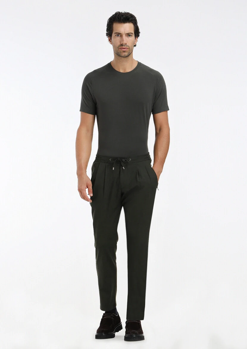 Haki Düz Dokuma Jogging Fit Casual Pantolon - 1