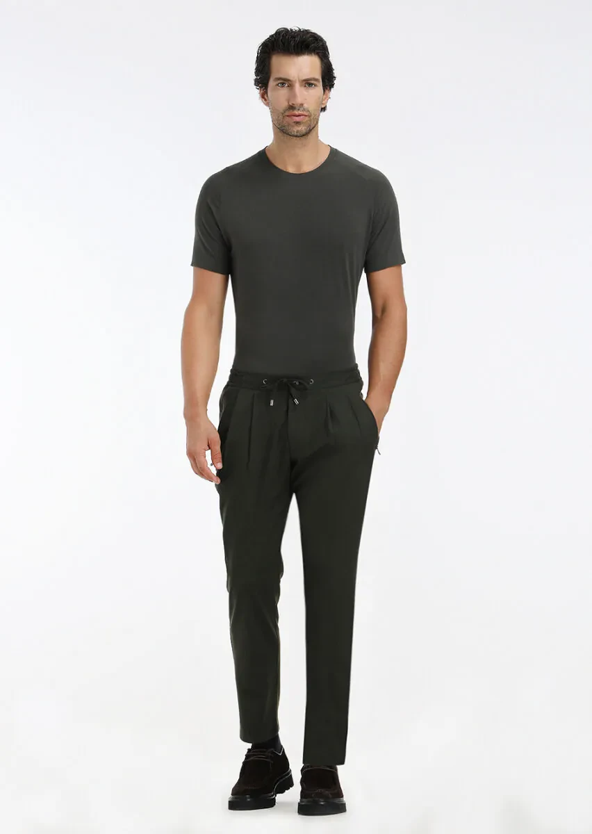 Haki Düz Dokuma Jogging Fit Casual Pantolon - 1