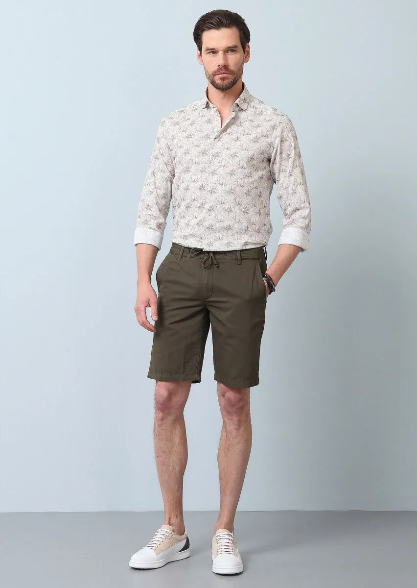 Haki Düz Dokuma Regular Fit Casual Pamuk Karışımlı Bermuda - 1
