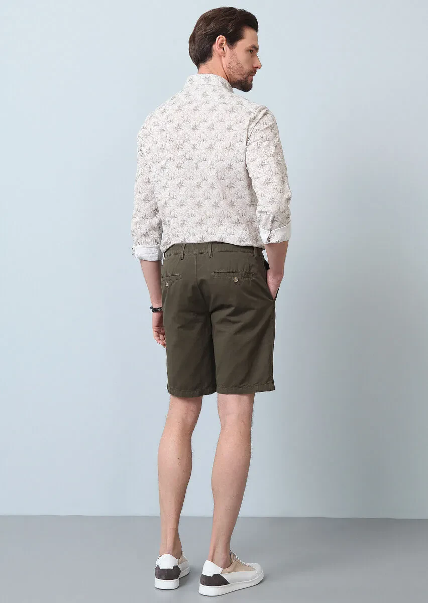 Haki Düz Dokuma Regular Fit Casual Pamuk Karışımlı Bermuda - 4