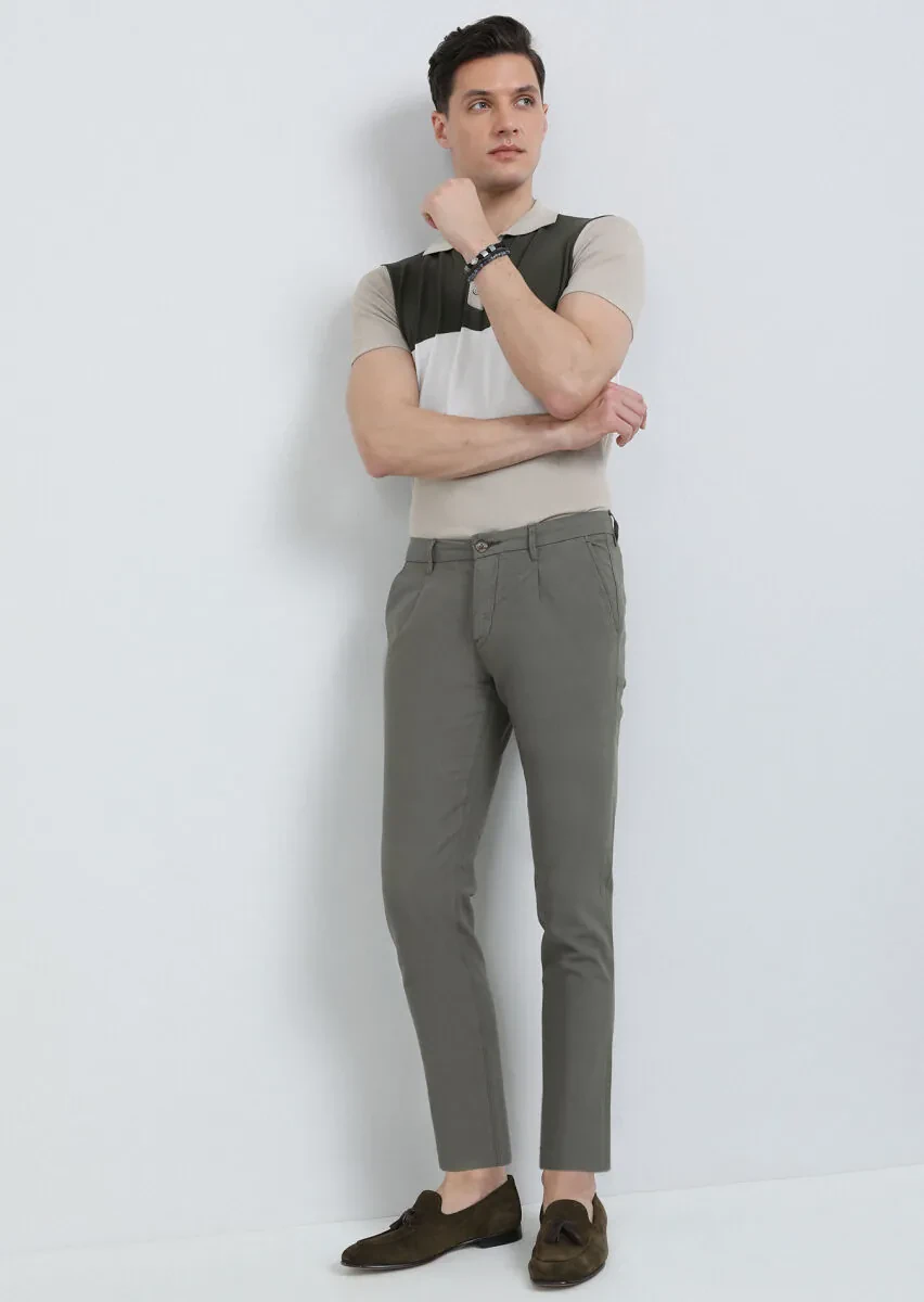 Haki Düz Dokuma Regular Fit Casual Pamuk Karışımlı Pantolon - 1