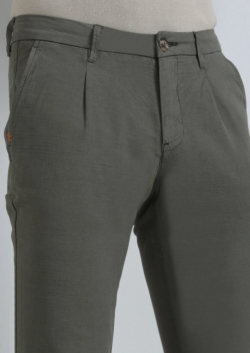 Haki Düz Dokuma Regular Fit Casual Pamuk Karışımlı Pantolon - 3