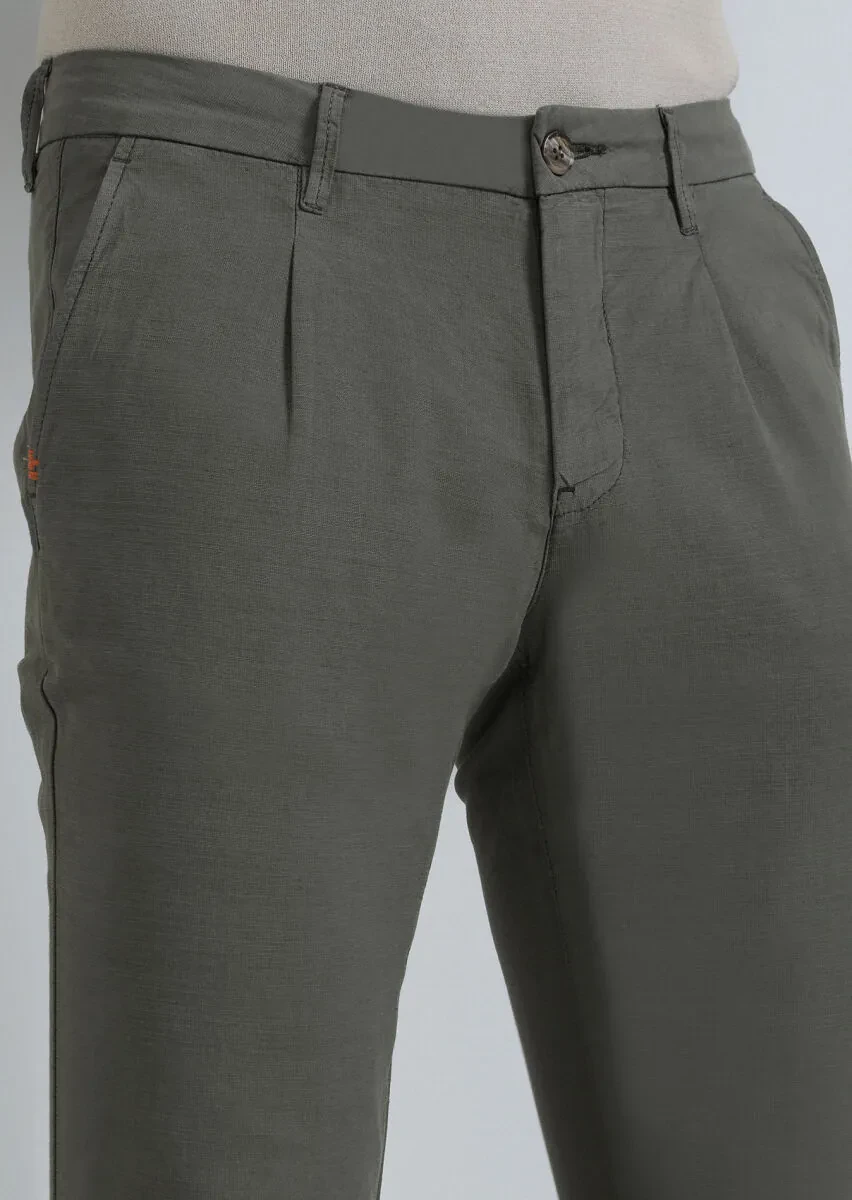 Haki Düz Dokuma Regular Fit Casual Pamuk Karışımlı Pantolon - 3