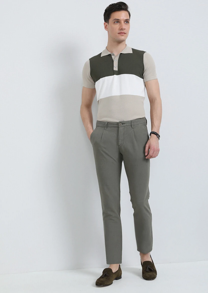 Haki Düz Dokuma Regular Fit Casual Pamuk Karışımlı Pantolon - 4