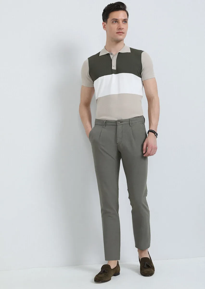 Haki Düz Dokuma Regular Fit Casual Pamuk Karışımlı Pantolon - 4