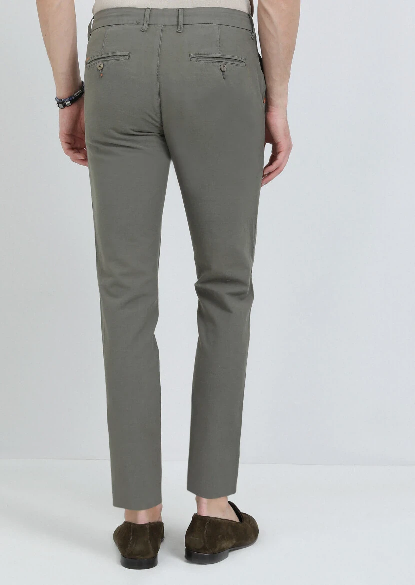 Haki Düz Dokuma Regular Fit Casual Pamuk Karışımlı Pantolon - 5