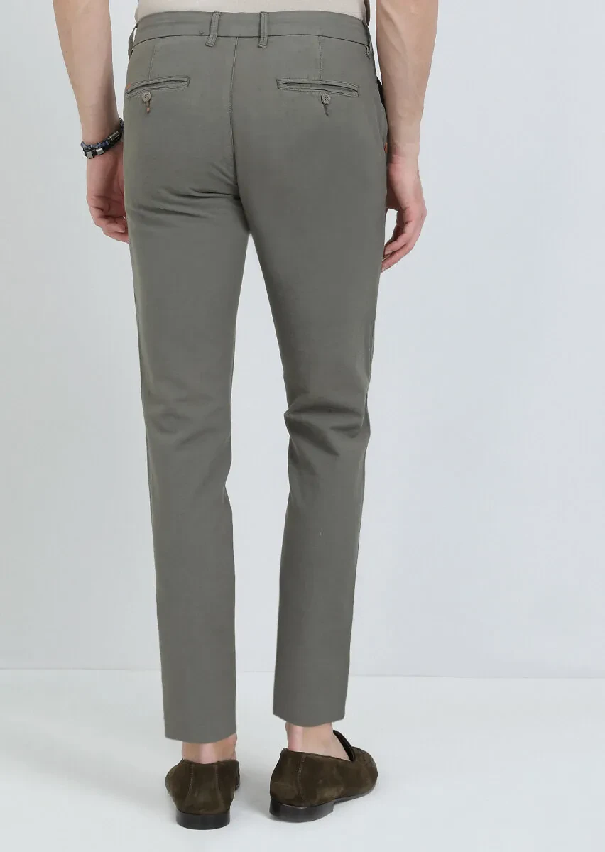 Haki Düz Dokuma Regular Fit Casual Pamuk Karışımlı Pantolon - 5