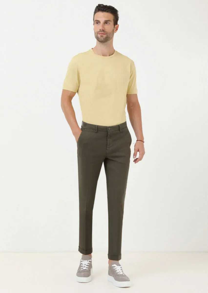 Haki Düz Dokuma Regular Fit Casual Pamuk Karışımlı Pantolon - 2