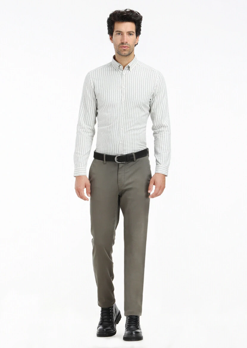 Haki Düz Dokuma Regular Fit Casual Pamuk Karışımlı Pantolon - 1