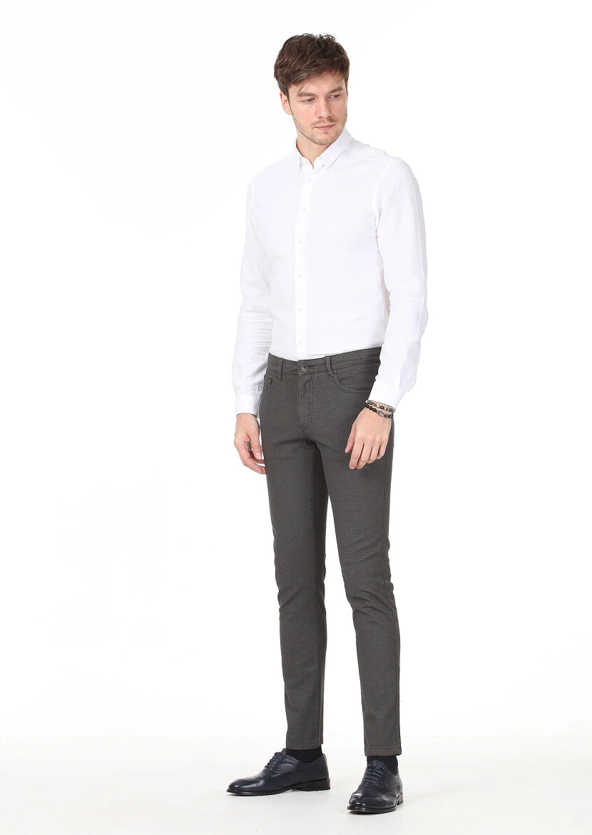 Haki Düz Dokuma Slim Fit Casual Pamuk Karışımlı Pantolon - 1