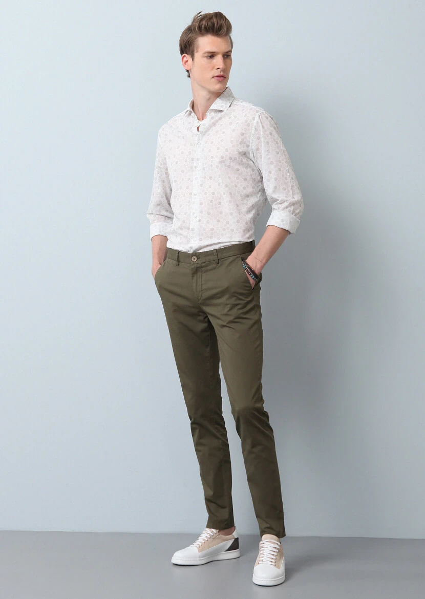 Haki Düz Dokuma Slim Fit Casual Pamuk Karışımlı Pantolon - 1