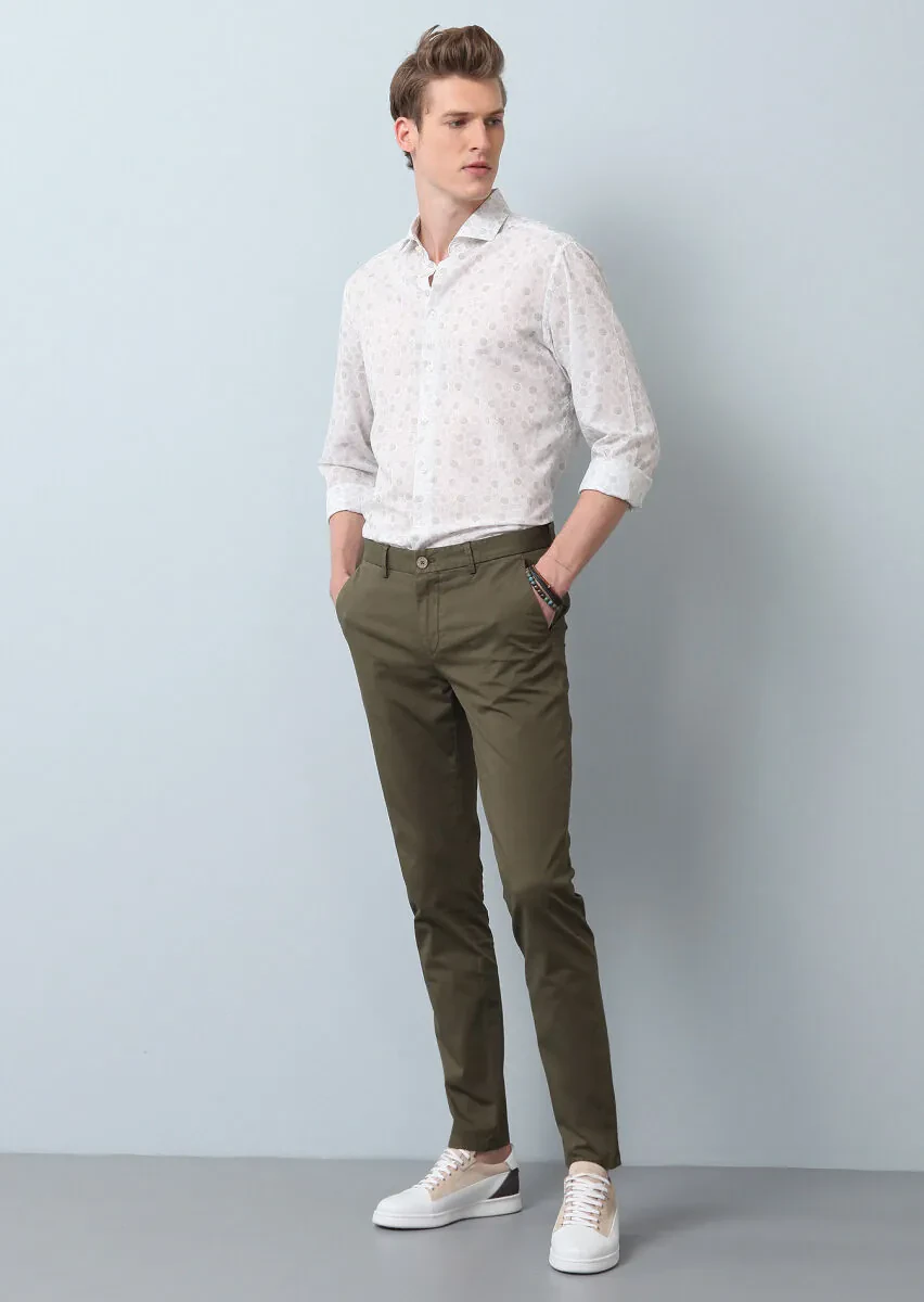 Haki Düz Dokuma Slim Fit Casual Pamuk Karışımlı Pantolon - 1