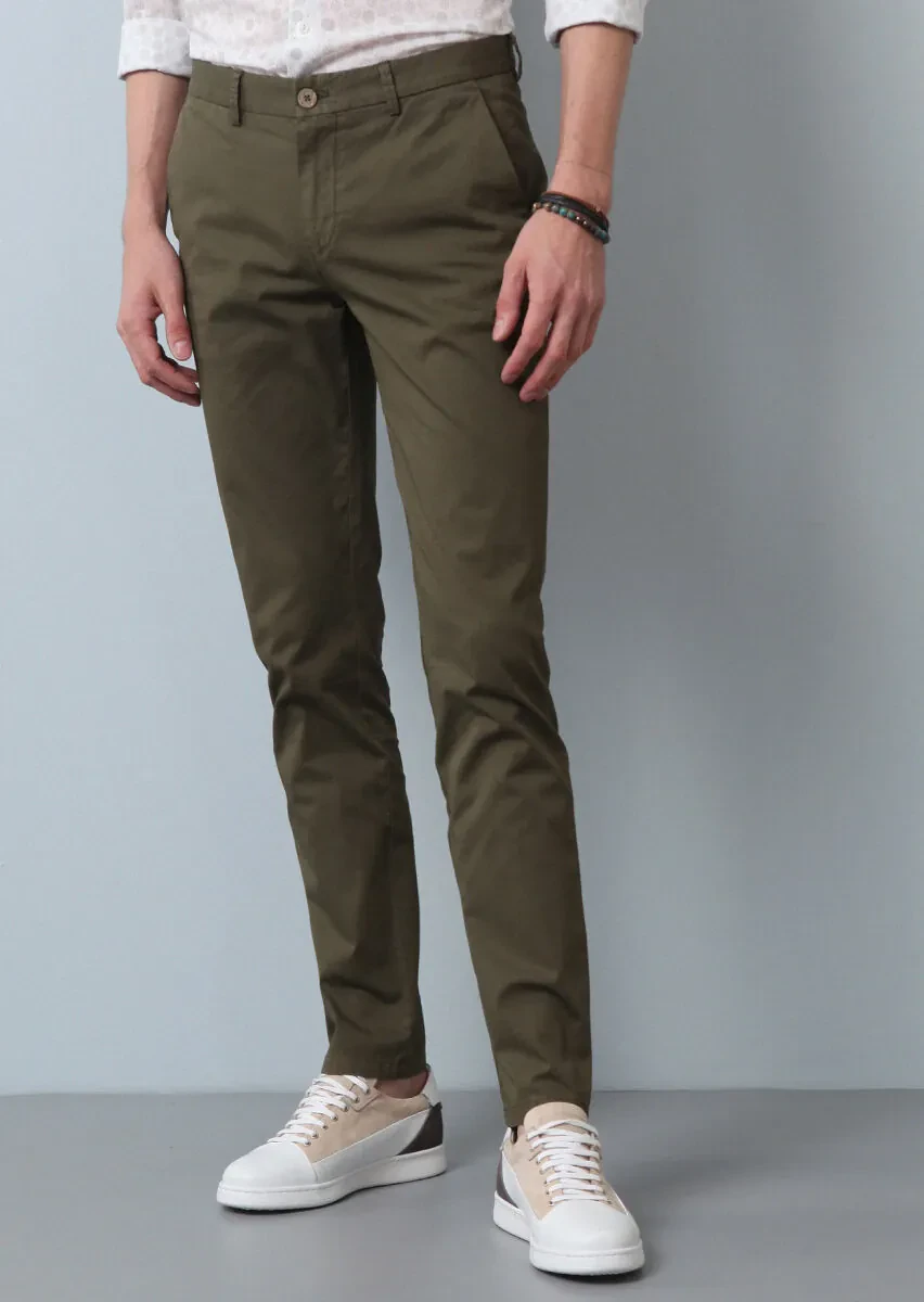 Haki Düz Dokuma Slim Fit Casual Pamuk Karışımlı Pantolon - 3