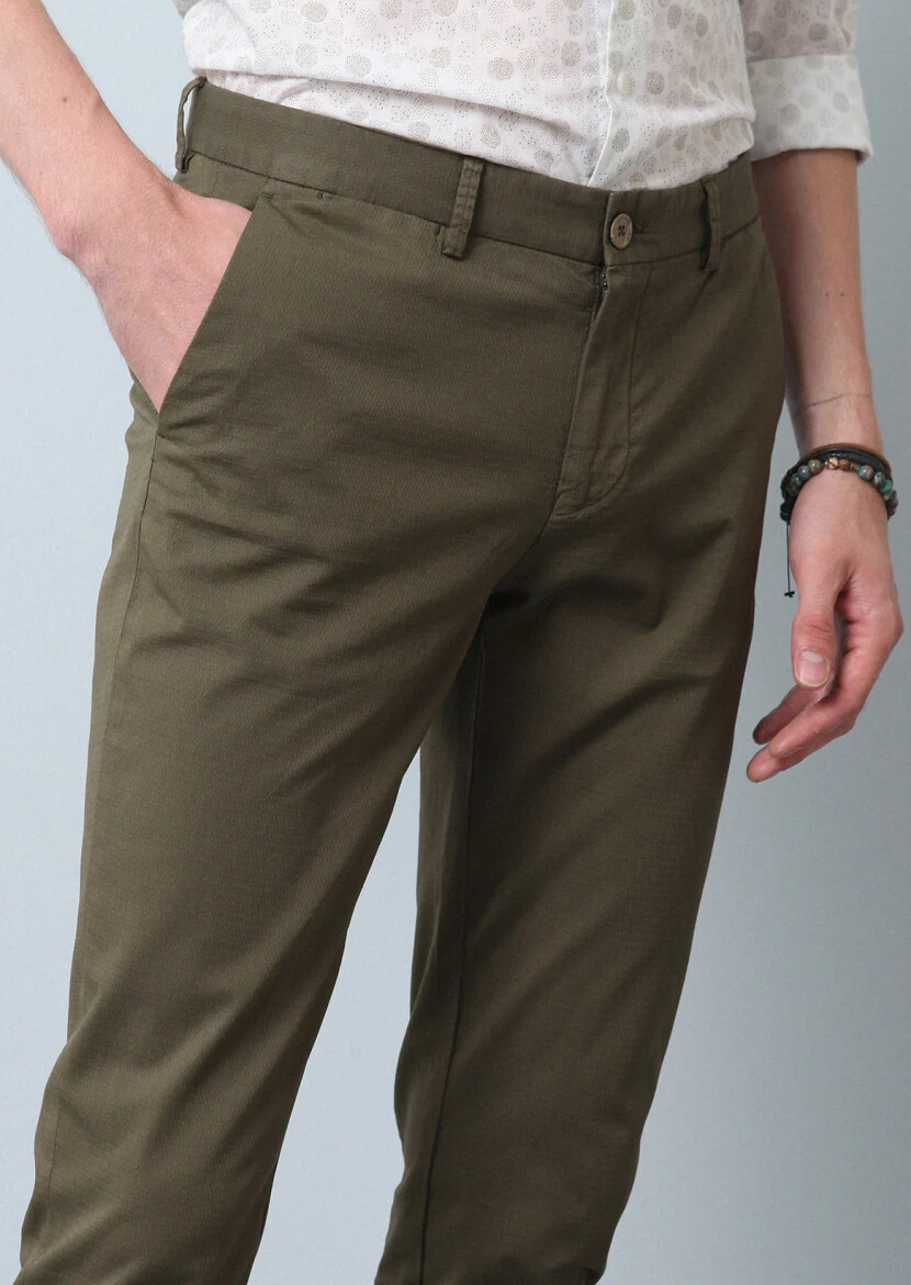 Haki Düz Dokuma Slim Fit Casual Pamuk Karışımlı Pantolon - 4